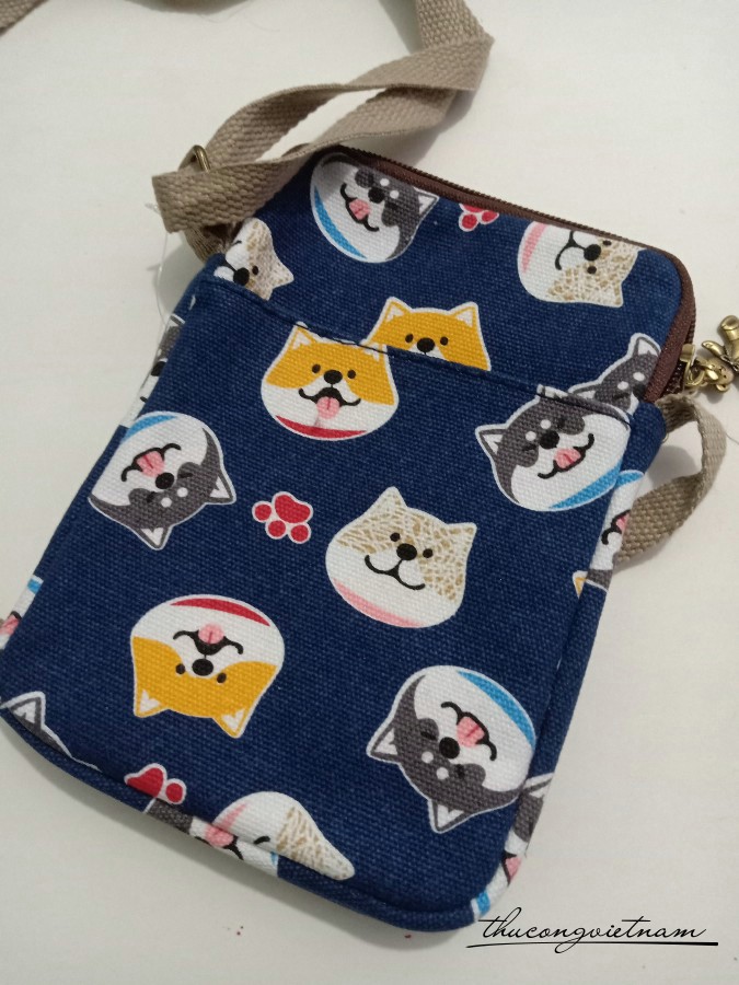 Túi handmade vải vintage 12x19x2cm - Chó Shiba xanh dương